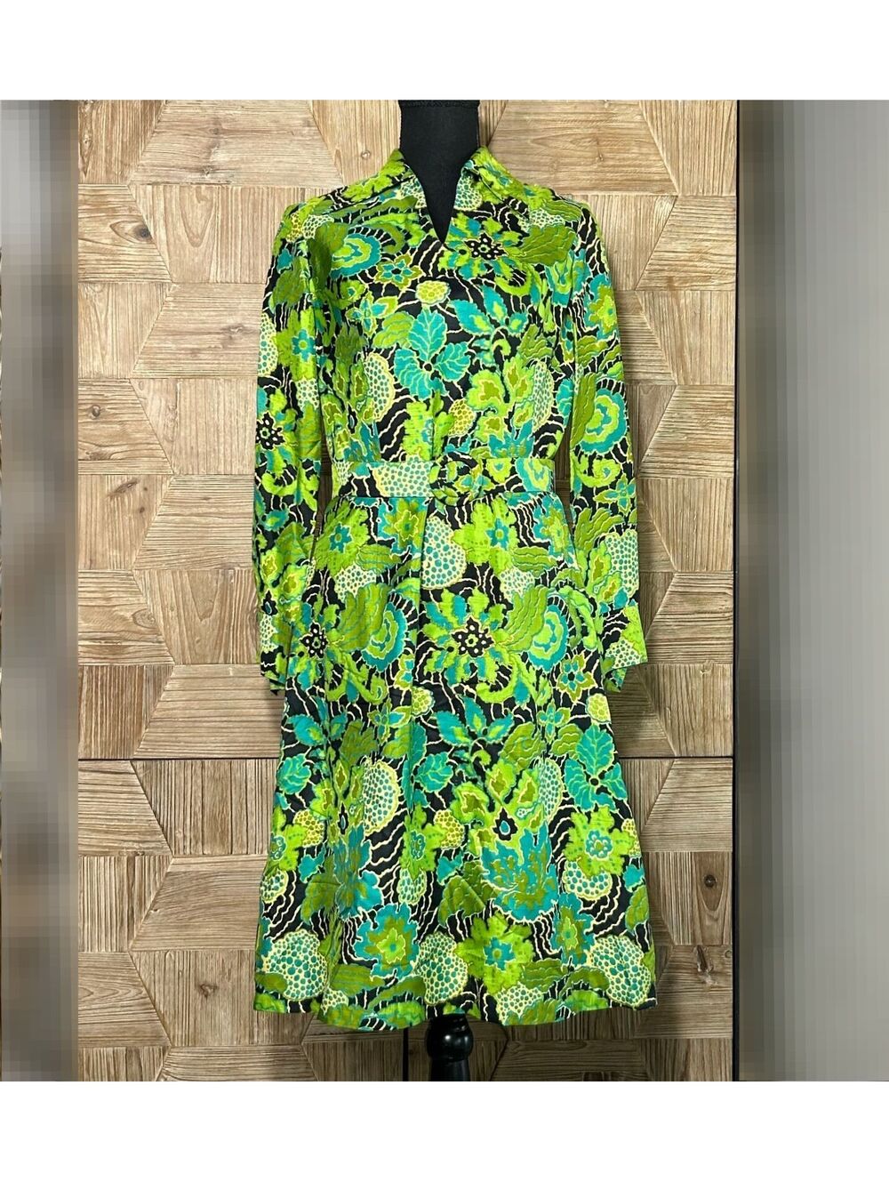 Vintage 70s Retro Silk Long Sleeve Belted Shirt Dress Green Floral Midi S/M Mod - Picture 5 of 12